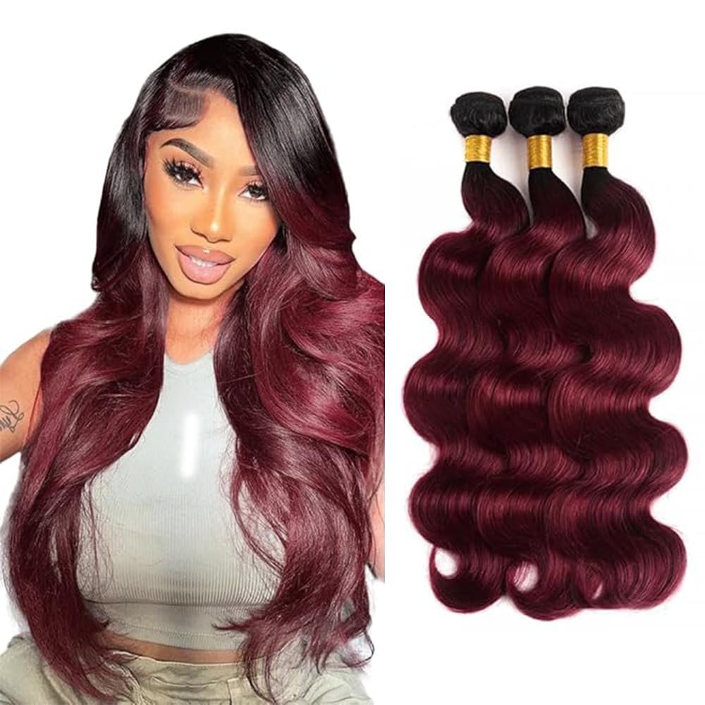 T1B99J Ombre Burgundy Human Hair Body Wave Bundles Human Hair 30 32 34 Inch Double Weft Unprocessed Brazilian Virgin Hair Extensions