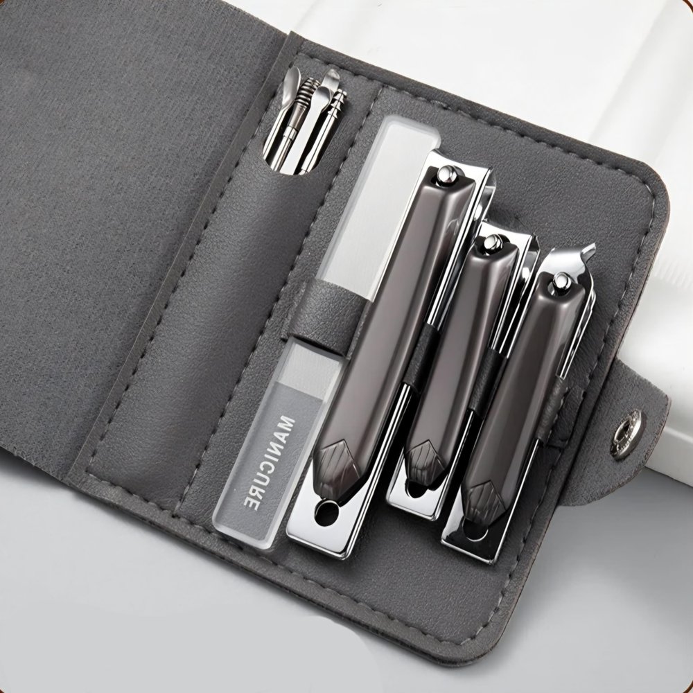 10-Piece Nail Clipper Set for Manicure and Pedicure, with Ear Wax Cleaning Tools and PU Leather Travel Case (Gray)