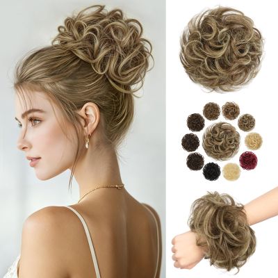 SOFEIYAN Human Hair Bun 100% Real Human Hair Messy Bun Natural Wavy Curly Chignon Hair Bun Extensions Tousled Fake Bun Scrunchies Updo Hair Pieces for Women - Brown Mixed Light Blonde