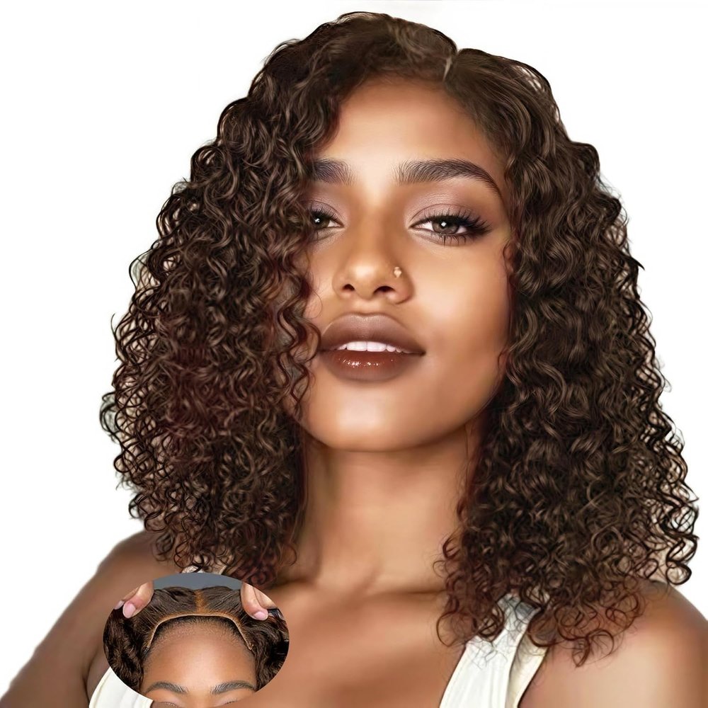 Ablvari Chocolate Brown Water Wave Bob Wig Human Hair 4x4 Lace Closure Glueless Wear and Go Wig Pre Plucked Pre Cut Natural Hairline for Beginners 14 Inch