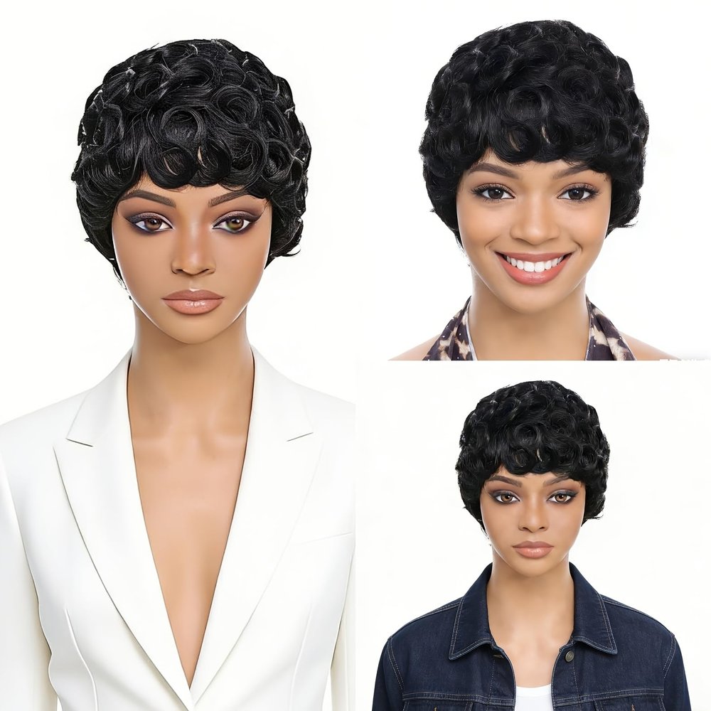 Y2K-Inspired Women's Curly Pixie Wig with Bangs, 180% Density, Glueless Non-Lace Rose Net Cap, 6-Inch Finger Wave Human Hair, Black Short Curly Design for a Natural Appearance