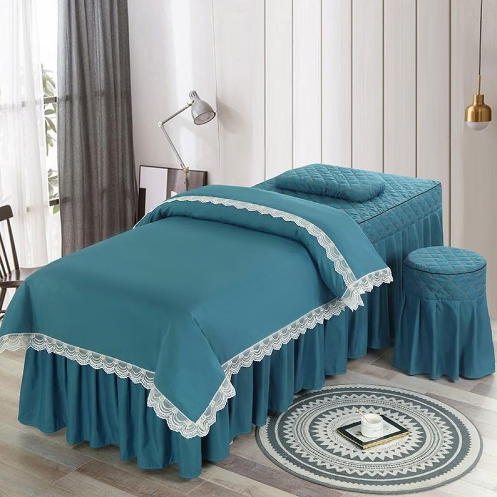 Massage Table Sheet Sets Spa Beauty Bedspread Salon Massage Therapy Bed Cover with Hole Simple Solid Color Lace SPA Massage Bedskirt Bed Linens Bedding Set with Side Pocket-Blue||70 * 190cm