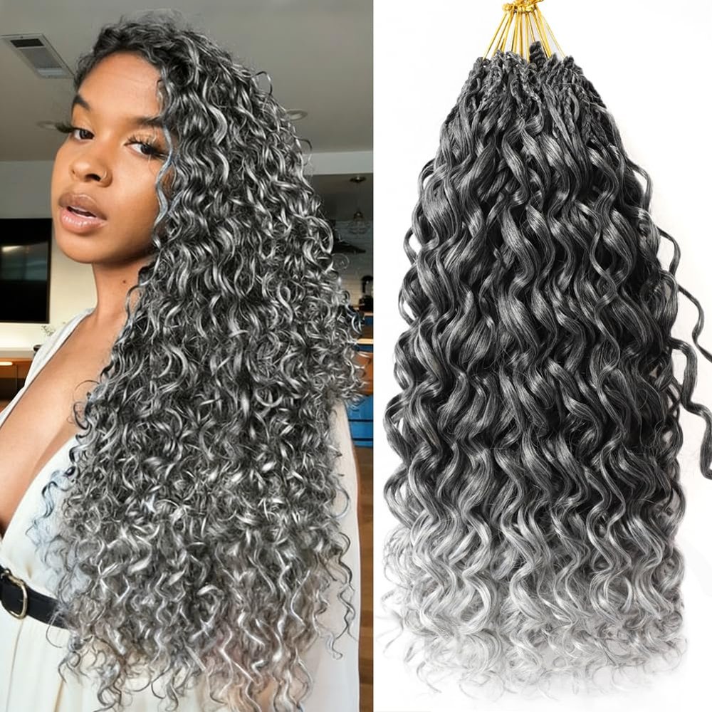 7 Packs Pre Looped Curly Crochet Hair GoGo Curl Crochet Hair for Women 24 Inch Pre twisted Deep Wave Braiding Hair Gray Boho Braiding Hair Extensions