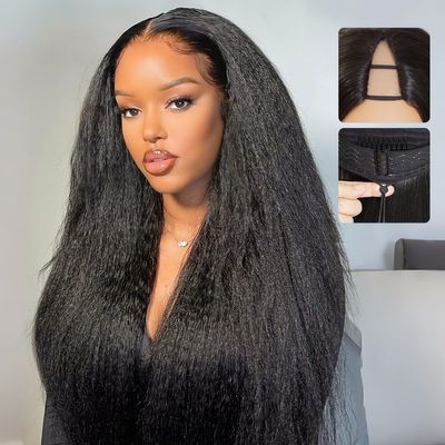 mscoco V Part Wig Human Hair Kinky Straight Glueless Wigs Human Hair Clip In Upgrade U Part Human Hair Wig with Drawstring 180% Density Natural Black 20inch