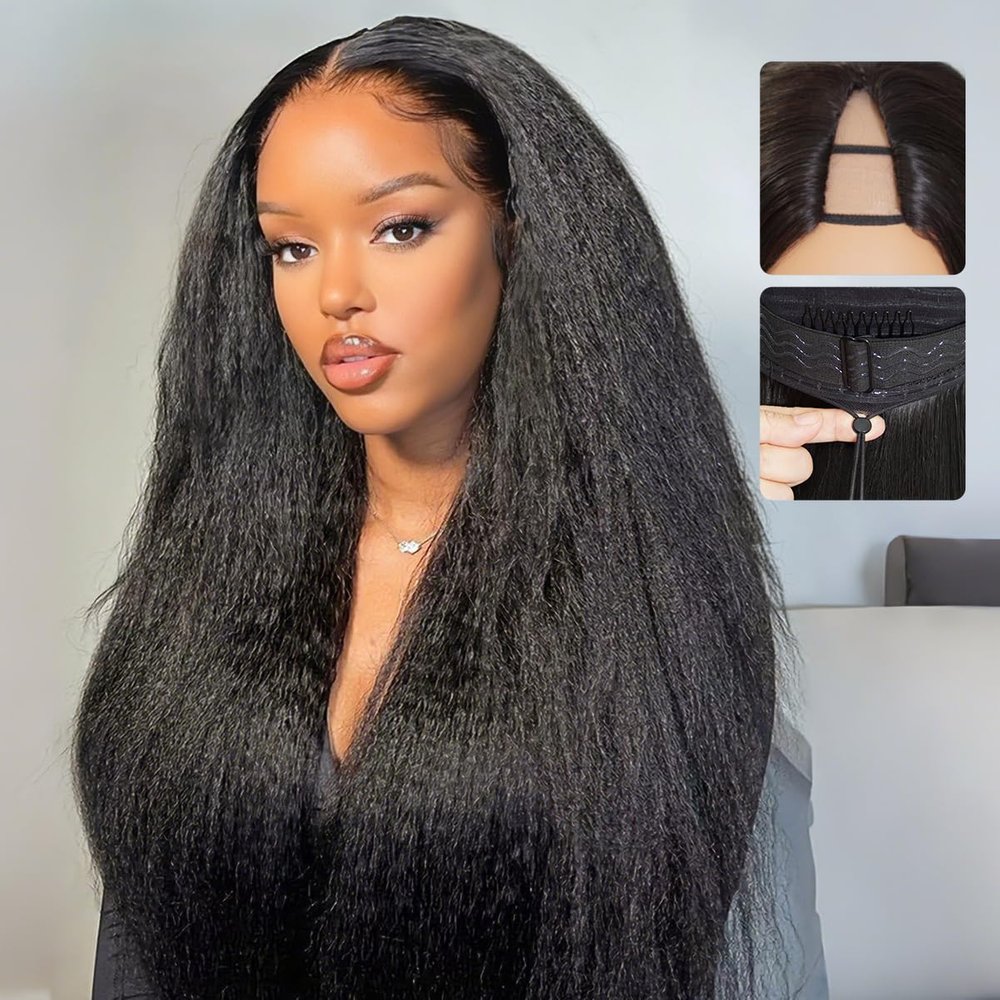 mscoco V Part Wig Human Hair Kinky Straight Glueless Wigs Human Hair Clip In Upgrade U Part Human Hair Wig with Drawstring 180% Density Natural Black 20inch
