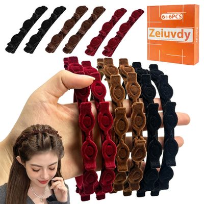 Zeiuvdy 6 Pack Headbands with Clips for Hair Styling - 90s Butterfly Style, Braided Non-Slip Headband with Teeth and 6 Braided Hair Clips for Women DIY Decoration (Black, Wine Red, Brown)
