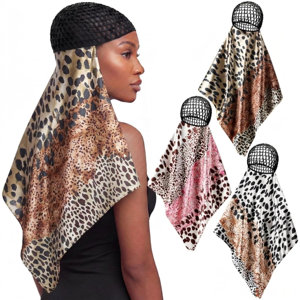 Funnysoft 3 Pcs Hair Wrap Scarf Net, Spotted Leopard, Black Pink Brown