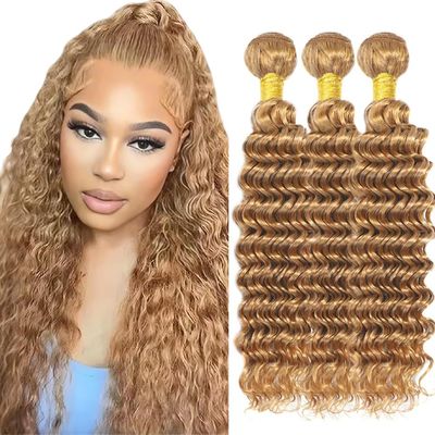 Deep Wave Human Hair Bundles 14 16 18 Inches Color #27 Honey Blonde Virgin Bundle Golden Blonde Deep Wave Bundles Human Hair Extensions 150G