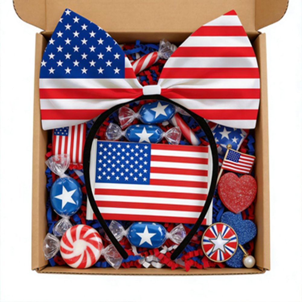 4th Of July Independence Day Bow Flag Headband, with Red White Stripes and White Small Five-Pointed Star Design Bow Headband Suitable for Birthday, Party, Daily Photo Props - One Size Fits Most