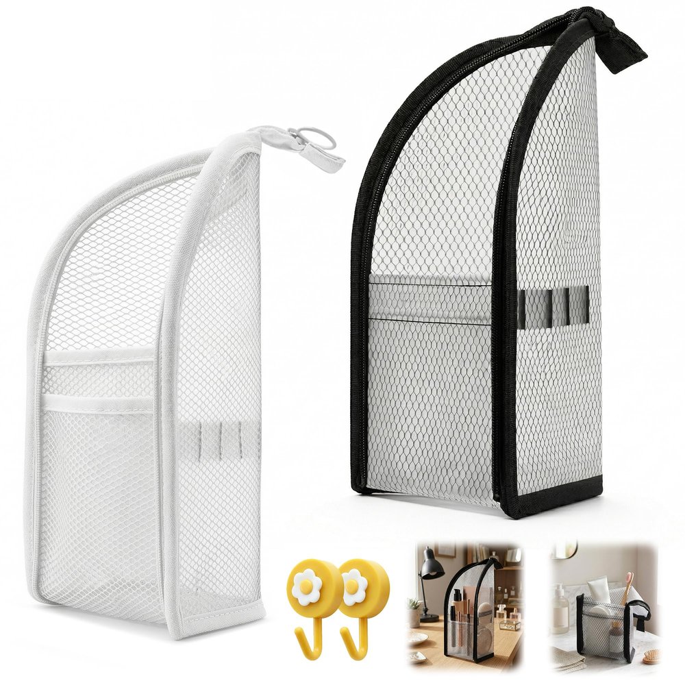 LISINUO Standing Travel Toiletry Bag, Clear Portable Lightweight Makeup Organizer for Women & Men, EVA Mesh Material Toothbrush Pouch, Hanging Design for Car & Bathroom Use (Black+White)