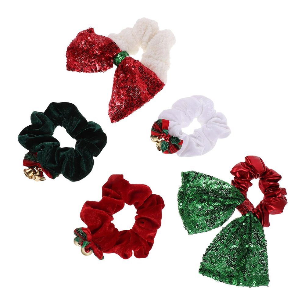 IMIKEYA Christmas Hair Scrunchies 5 Pcs 5-inch Elastic Hair Bands with Bell Bow Sequins for Xmas Party