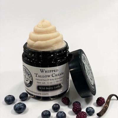 Sweet Keek's Pure And Wild Pasture-raised Beef Tallow for Skin Care - Face + Body - Whipped Moisturizer for Sensitive Skin - Natural Lotion - 4 oz - Wild Berry Latte Scent (Blueberry, Acai, Vanilla)