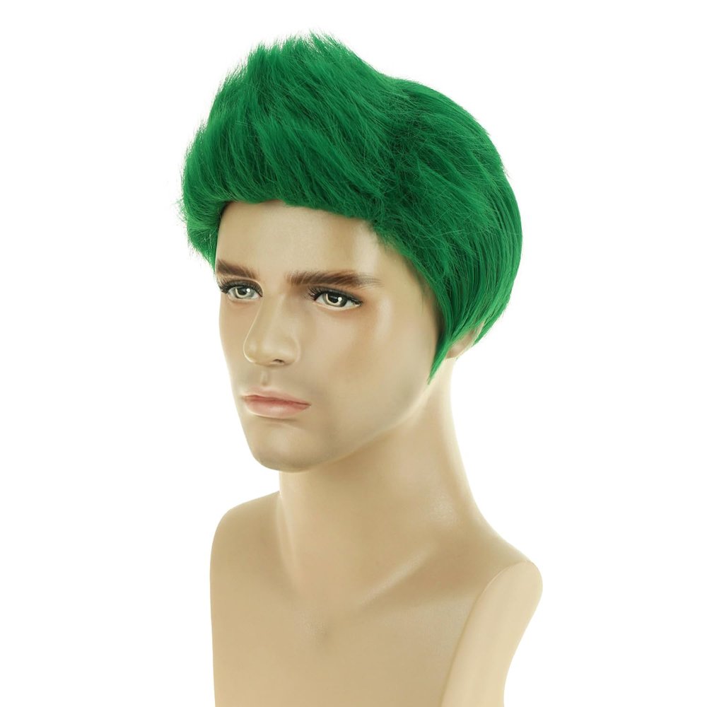 RightOn Men Green Wig Short Layered Synthetic Wig for Men Male Wigs Cosplay Halloween Party Daily Hairnet Include