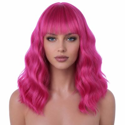 Lavviiqa Hot Pink Wig with Bangs Women Rose Red Wavy Wigs Short Magenta Wig