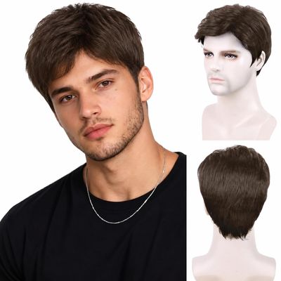 BECUS Mens Wig Short Brown Curly Synthetic Hair Natural Looking Style