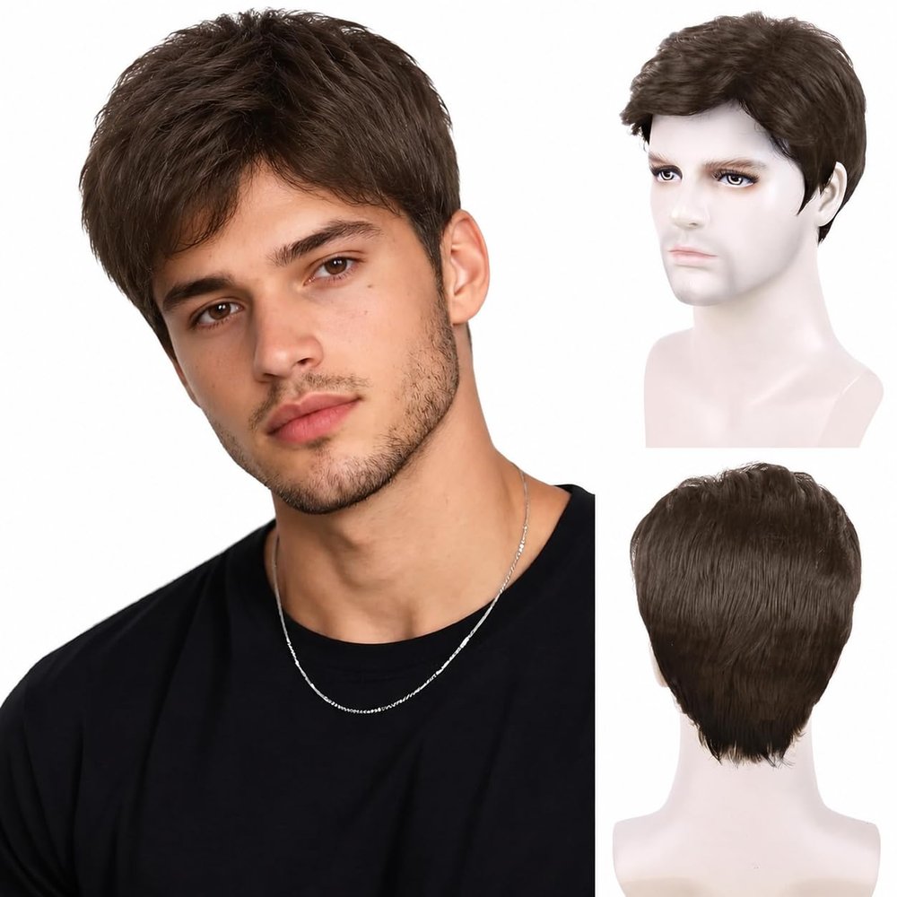 BECUS Mens Wig Short Brown Curly Synthetic Hair Natural Looking Style