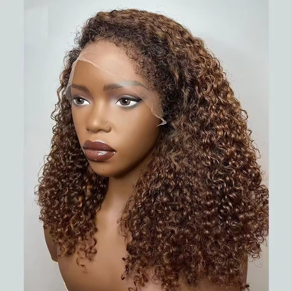 oulaer Kinky Curly Lace Front Wig Human Hair with Curly Baby Hair 4C Kinky Edges Ombre Honey Blonde Deep Wave 13x6 HD Transparent Lace Frontal Wig Pre Plucked Bleached Knots 150% Density 22Inch
