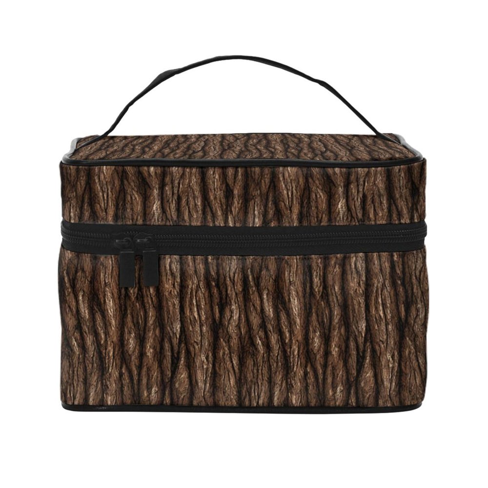 XBubupX Oak Bark Texture Dark Brown Vertical Makeup Train Case Carrying Portable Zip Travel Cosmetic Brush Bag Large Organizer For Women