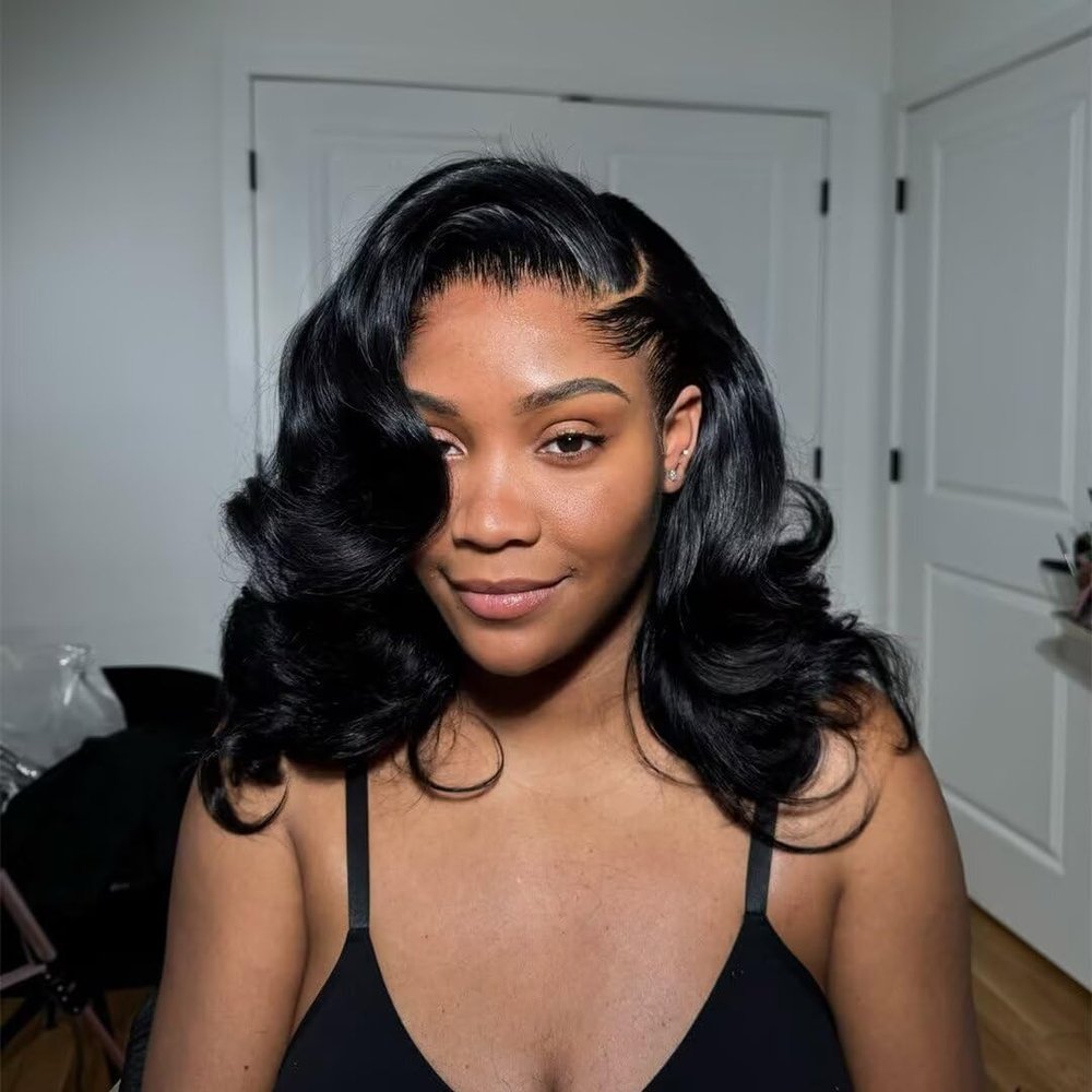 New Trend Logos Hairline Human Hair Body Wave Short Bob Wigs Natural Black Brazilian Remy HD Invisible Lace Front Wig with M Shaped Hairline Baby Hair Bleached Knots150% Density 12Inch