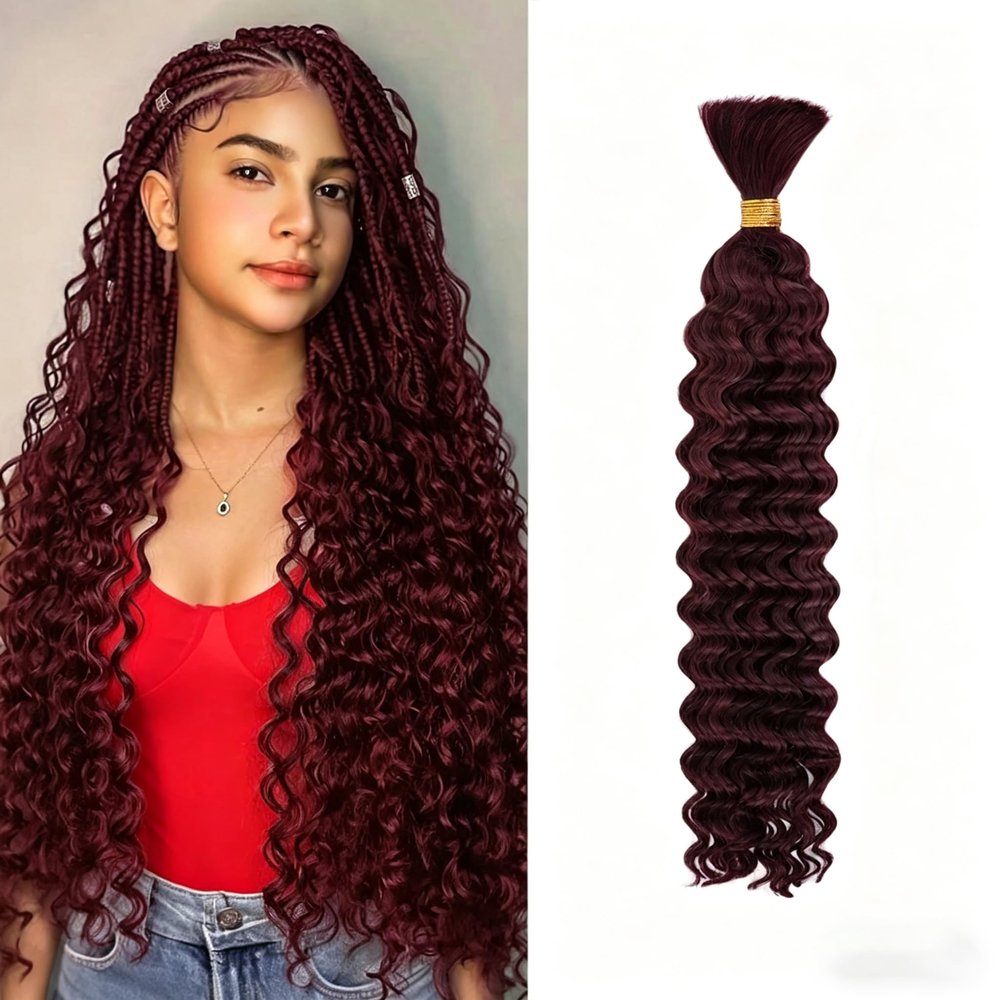 Boho Hair for Braiding Human Hair - 40G 1 Bundle/Pack Red Burgundy #99J, Wet and Wavy, No Weft, Full, Deep Wave 12A Unprocessed Brazilian Virgin Curly Human Braiding Hair for Knotless Braids