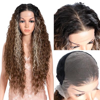 Style Icon 13x6 Lace Front Wig 30 Inch Long Curly Water Wave Style Highlight Ombre Brown Synthetic Hair Free Part Wigs for Daily Wear Cosplay(30", TTHL4/30F/613F)
