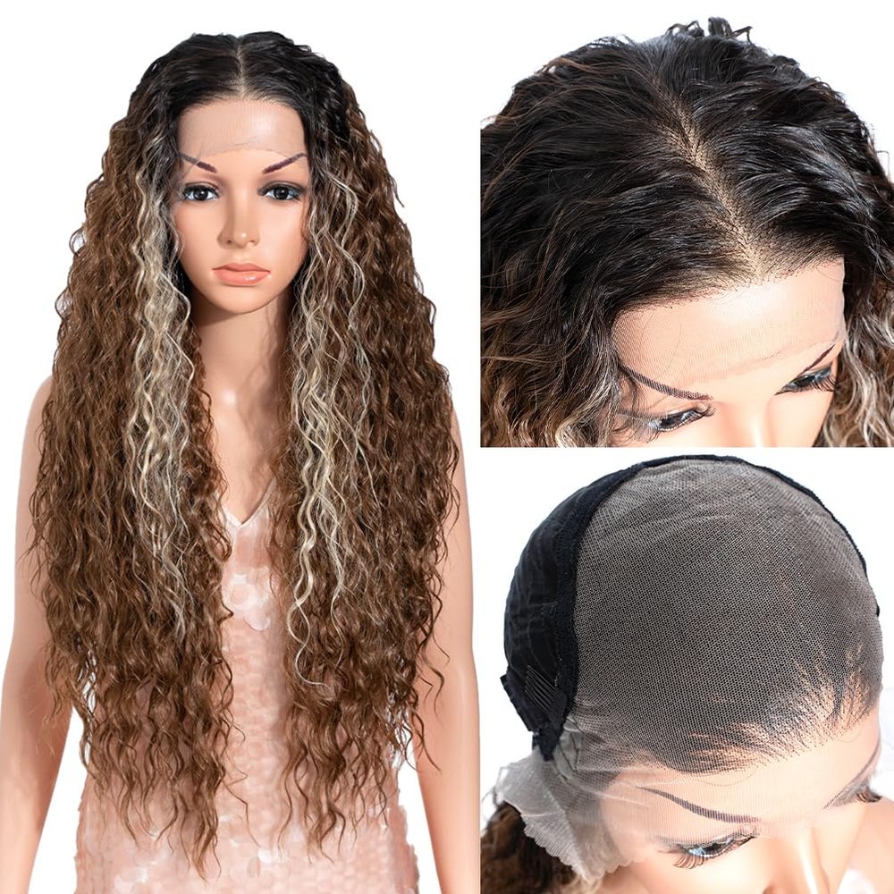 Style Icon 13x6 Lace Front Wig 30 Inch Long Curly Water Wave Style Highlight Ombre Brown Synthetic Hair Free Part Wigs for Daily Wear Cosplay(30", TTHL4/30F/613F)