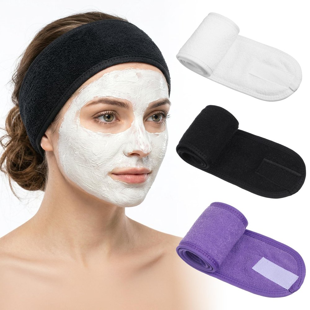 ValueBargain 3 Pcs Spa Headband, Adjustable Terry Cloth Headband for Women, Spa Makeup Wrap Head (Black, White, Purple)