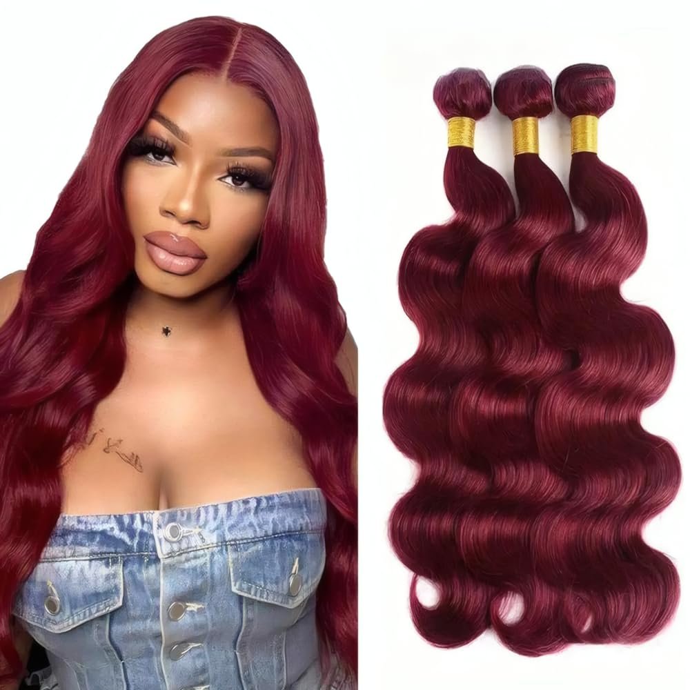 LYKELTA 99J Burgundy Body Wave Human Hair Bundles Unprocessed Brazilian Virgin Remy Hair 3 Bundles 16 18 20 Inch Double Weft Soft No Frizz Strong Hair Easy Style