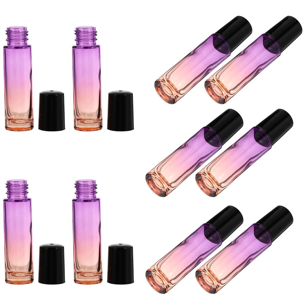 ULTECHNOVO 10pcs 10ml Glass Essential Oil Roller Bottles with Gradient Purple-orange Design, Refillable Perfume Roller-on Bottles with Black Caps for Aromatherapy and Cosmetic Use