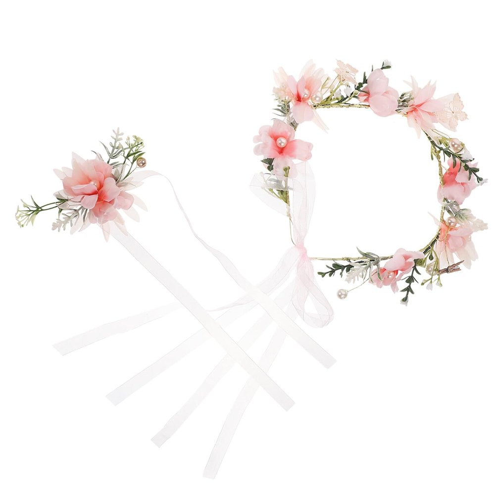 TEHAUX Pearl Butterfly Bridal Headband Wedding Hair Accessory Floral Garland Headdress for Bride and Flower Girl Beach Ceremony