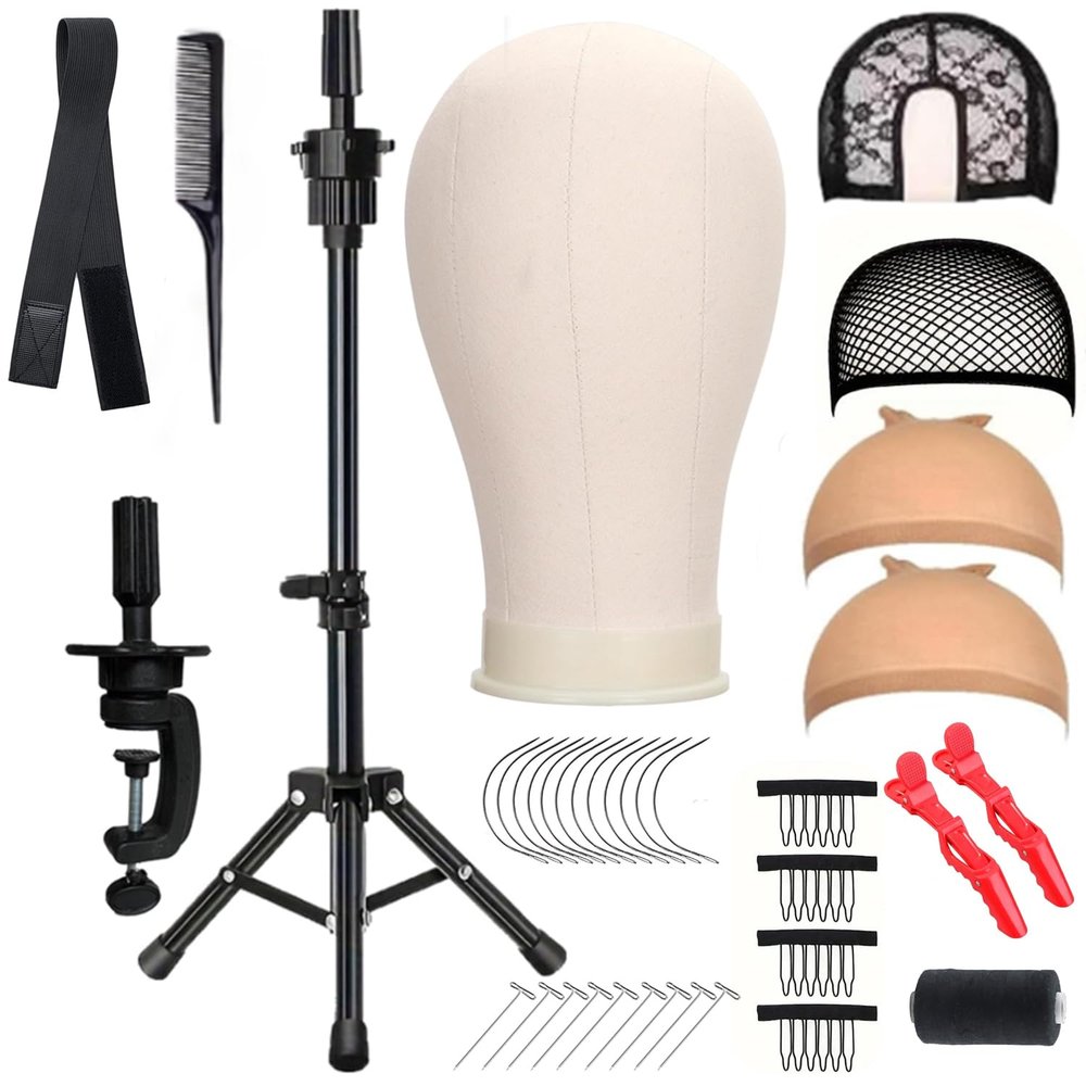 WHLRJR Wig Head Mannequin Head for Wigs, Wig Stand with Head for Hair Styling Practice Display Wigs Making Tripod Stand with T Pins Set (22 inch)