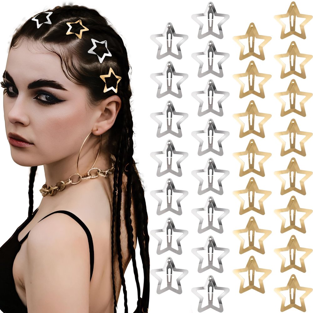 Cptots 30 Pcs Metal Star Hair Clips 2000s Y2K Snap Barrettes 1.25 In Non Slip Star Hair Accessories for Women,Gold Silver