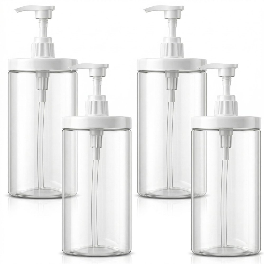4 Pack Refillable Pump Bottle Dispenser, 33.8oz/1000ml Clear Lotion Dispenser Wide Mouth PET Plastic Shampoo Bottles Refillable with Pump for Bathroom Kitchen Soap Body Wash