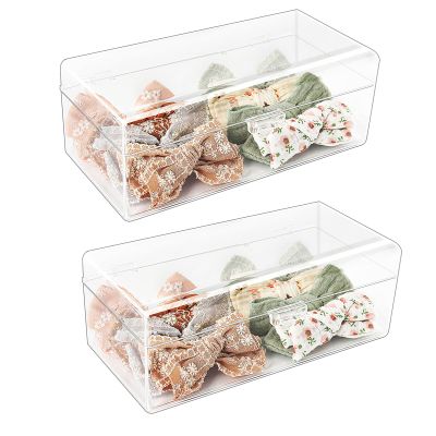JessLab Hair Accessories Organizer for Girls, Acrylic Hair Bow Tie Clip Scrunchie Holder with Dividers, Clear Stackable Storage Box for Bathroom, Bedroom, Vanity Countertop, 1 Compartment (2 Pack)