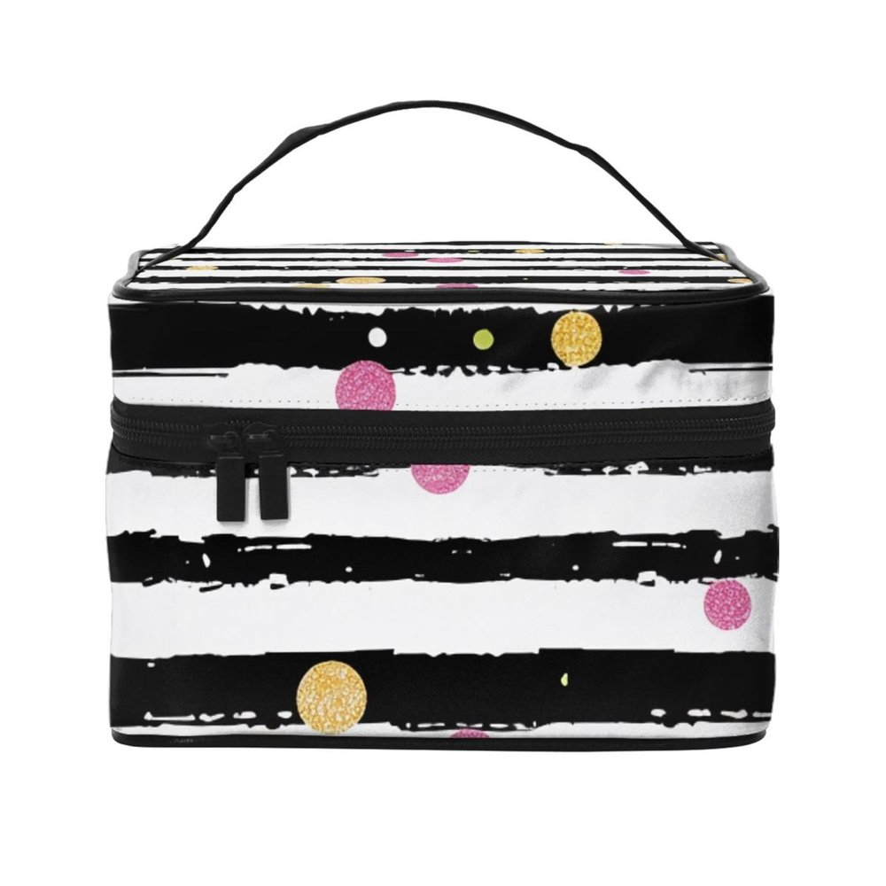 BEIVGOXL Glitter Rainbow Polka Dot Stripe Black and White Printed Makeup Bag, Large Capacity Cosmetic Bag for Travel, Waterproof Makeup Organizer with Multiple Pockets (9x6.5x6.2 Inch),Toiletries