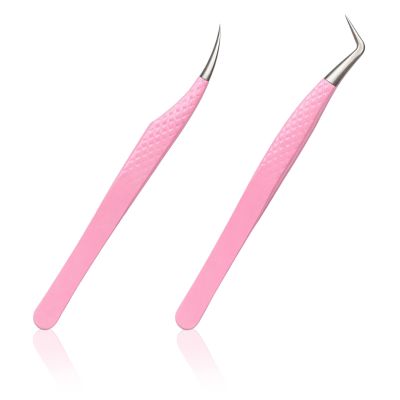 2 Pack Professional Lash Tweezers Set, Pink Stainless Steel Straight & Curved Tip Eyelash Extension Tweezers with Non-Slip Grip