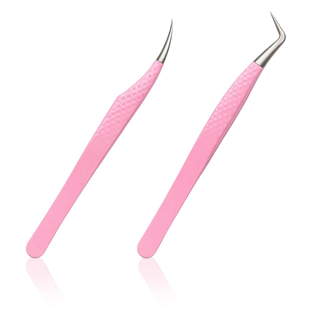 2 Pack Professional Lash Tweezers Set, Pink Stainless Steel Straight & Curved Tip Eyelash Extension Tweezers with Non-Slip Grip