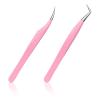 2 Pack Professional Lash Tweezers Set, Pink Stainless Steel Straight & Curved Tip Eyelash Extension Tweezers with Non-Slip Grip view 1