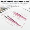 2 Pack Professional Lash Tweezers Set, Pink Stainless Steel Straight & Curved Tip Eyelash Extension Tweezers with Non-Slip Grip view 2