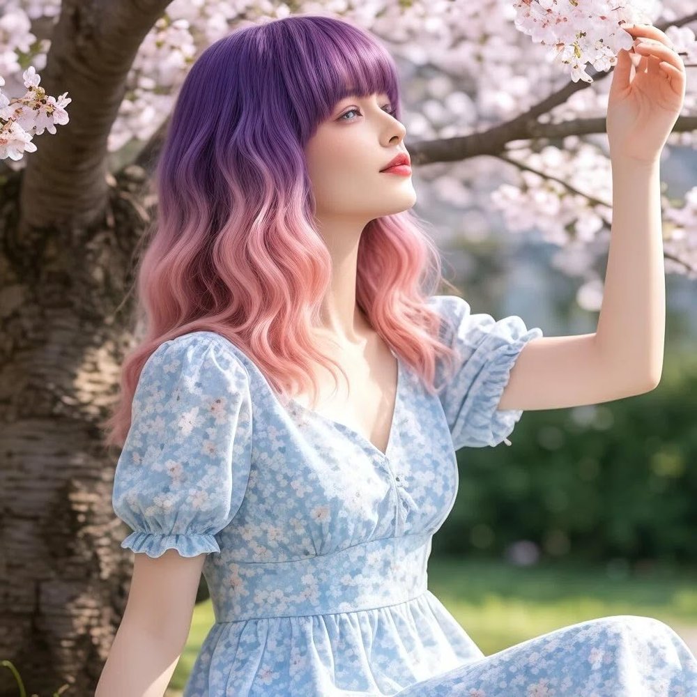 TCAIACT 14" Purple Ombre Light Pink Short Bob Wavy Curly Bangs Wig Air Bangs Shoulder Length Women's Charming Synthetic Wig for Cosplay Party Anime Costume+Wig Cap (Purple Ombre Light Pink)