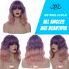 TCAIACT 14" Purple Ombre Light Pink Short Bob Wavy Curly Bangs Wig Air Bangs Shoulder Length Women's Charming Synthetic Wig for Cosplay Party Anime Costume+Wig Cap (Purple Ombre Light Pink) view 2