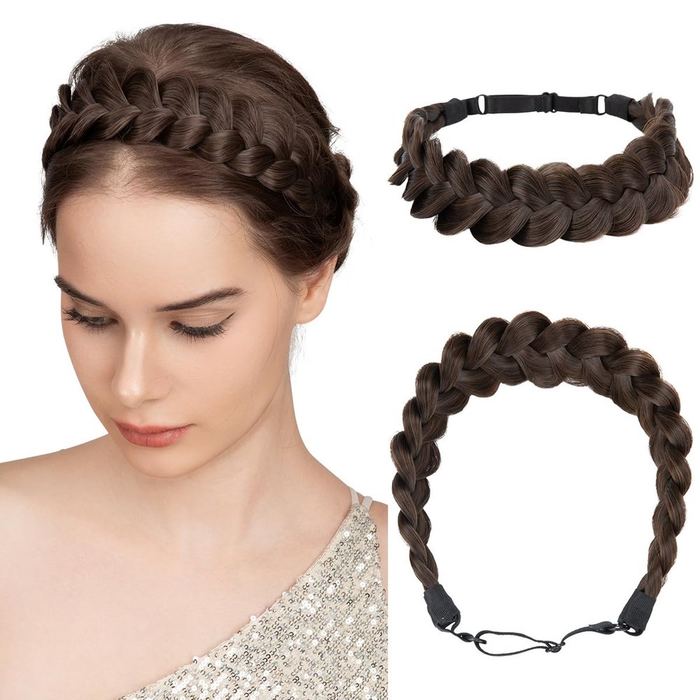 CJL HAIR Wide Elastic Braided Headbands for Women with Adjustable Strap Synthetic Hair Head Bands Handmade Braid Hairband Hairpiece 1PC Dark Chocolate