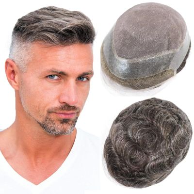 Grey Toupee for Men Human Hair Piece Replacement System 8x10 Inch Monofilament Top Lace Front Mens Hairpiece with Pu around Male Toupee Peluquines Para Hombre Light Dark Brown #3 with 30% Gray Hair