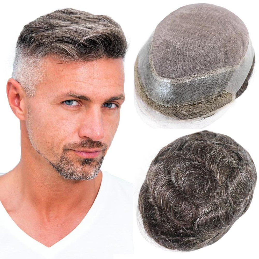 Grey Toupee for Men Human Hair Piece Replacement System 8x10 Inch Monofilament Top Lace Front Mens Hairpiece with Pu around Male Toupee Peluquines Para Hombre Light Dark Brown #3 with 30% Gray Hair