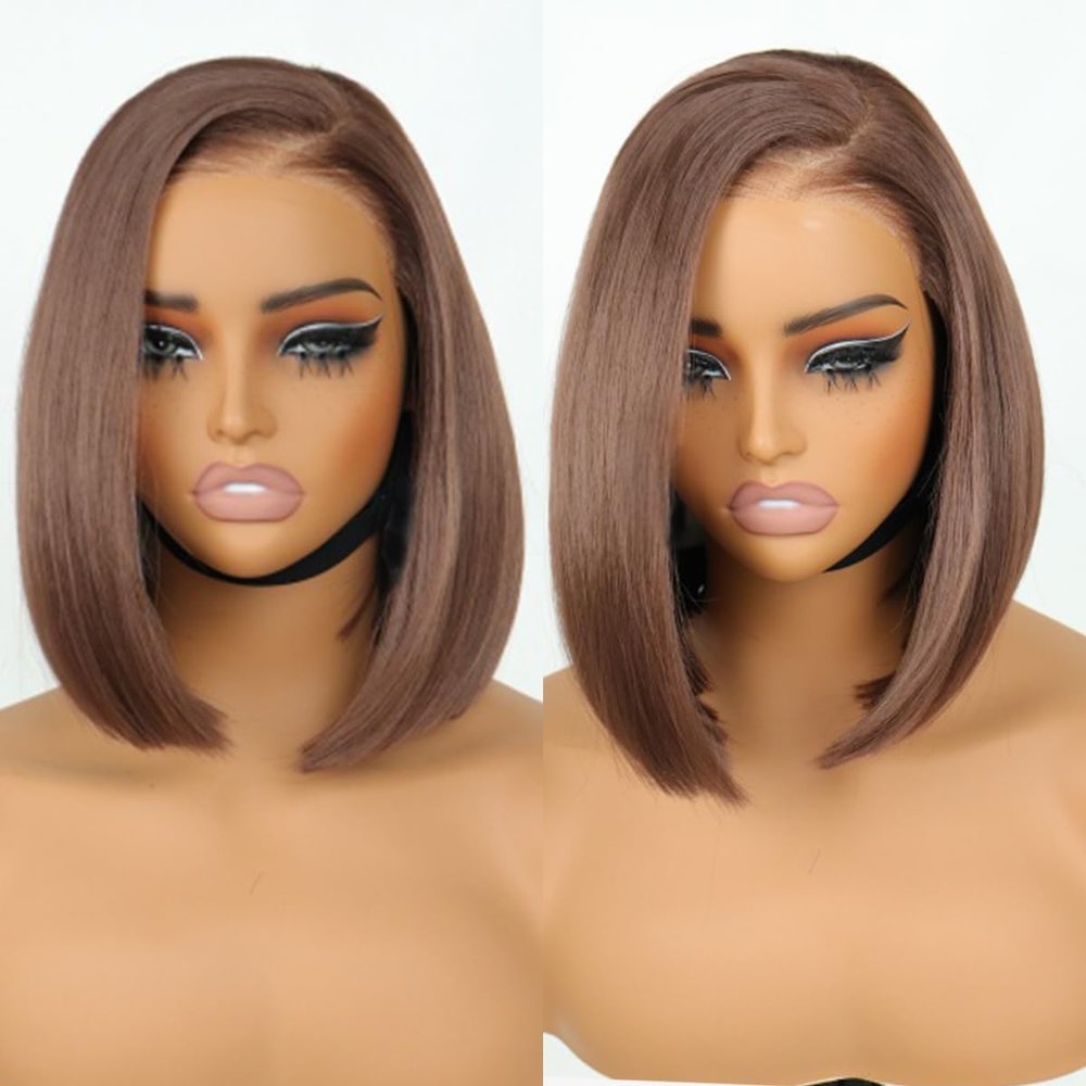 U&A Hair 9x7 Glueless Synthetic C-Part Straight Bob Wig,Chocolate Brown