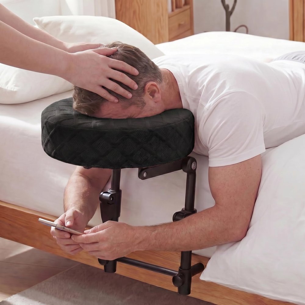 TIMBERHIDE Portable Massage Headrest for Bed, Easy-Install Adjustable Face Cradle with Memory Foam for Couples, Home Spa & Recovery, Fits 6-17 Mattress, Black