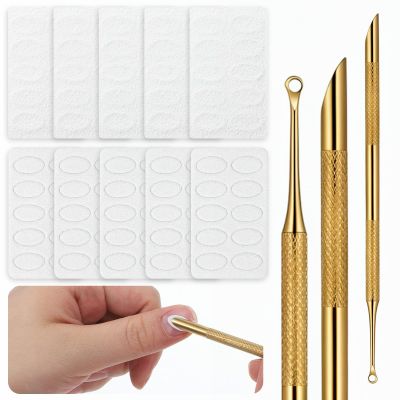 100/180 Grit Sandpaper Sheets Dual Ended Nail Cuticle Pusher, Cuticle File Stainless Steel Nail Pusher Russian Prep Nails Pushers Self-Adhesive Sandpaper for Manicure Pedicure Nails Care Tools, Gold