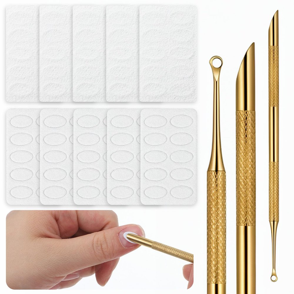 100/180 Grit Sandpaper Sheets Dual Ended Nail Cuticle Pusher, Cuticle File Stainless Steel Nail Pusher Russian Prep Nails Pushers Self-Adhesive Sandpaper for Manicure Pedicure Nails Care Tools, Gold