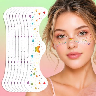 Artlunar 8Pcs Rainbow Butterfly Face Tattoos, Silver Glitter Temporary Tattoos, Waterproof Festival Party Makeup
