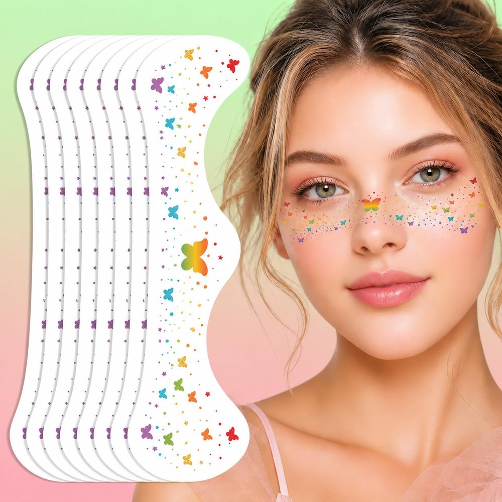 Artlunar 8Pcs Rainbow Butterfly Face Tattoos, Silver Glitter Temporary Tattoos, Waterproof Festival Party Makeup